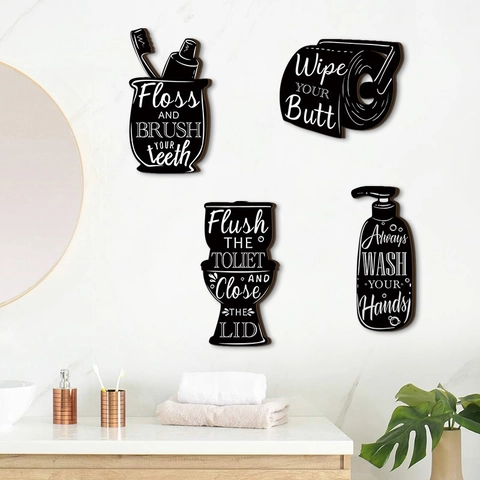 Décoration Murale De Salle De Bain Drôle Panneaux En Bois Citations Minimaliste Silhouette Noire Pour Maison Moderne