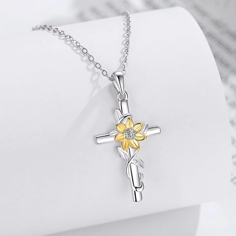 925 Sterling Zilveren Zonnebloem Kruis Ketting Voor Dames Verguld Met Zirkonia Religieuze Natuur Geïnspireerde Sieraden