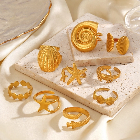 Ocean Theme Shell Starfish Adjustable Ring Stainless Steel Gold Plated Marine Life Fashion Jewelry For Women