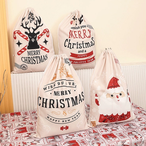 Christmas Drawstring Gift Bag Canvas Santa Reindeer Print Holiday Party Decoration Large Storage Sack