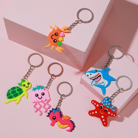 Süße Cartoon Meerestiere Schlüsselanhänger PVC Weichgummi Hai Schildkröte Qualle Seestern Krabbe Seepferdchen Tasche Geschenk