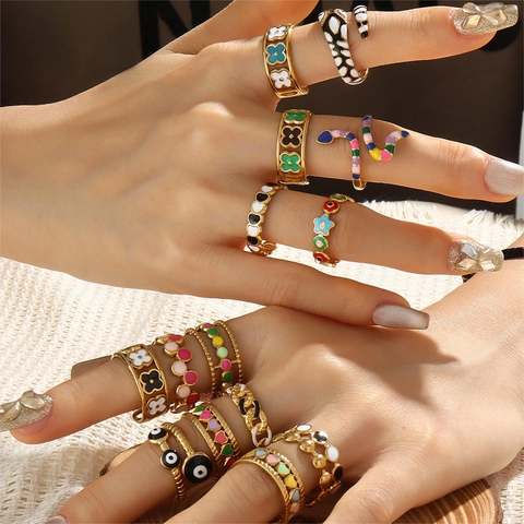 Fashion Enamel Adjustable Open Ring Colorful Stainless Steel Gold Plated Geometric Snake Evil Eye Heart Jewelry For Women