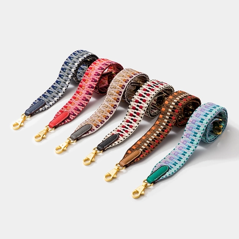 Wide Replacement Shoulder Strap Wax Thread Woven Geometric Pattern Leather Ends Swivel Metal Hooks Bag Accessory