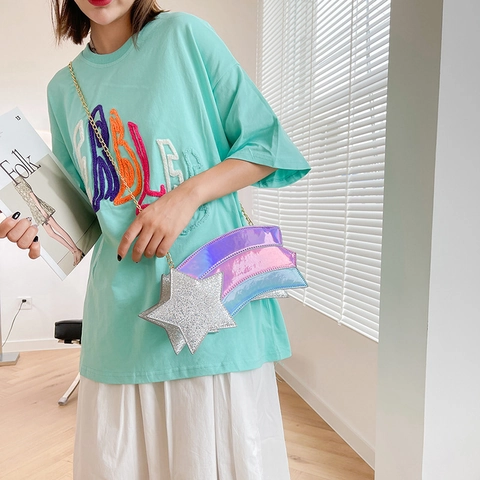Sternform Regenbogen Umhängetasche Pailletten PU Leder Holographische Laser Goldkette Schultertasche Damen Mädchen