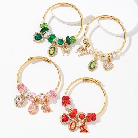 Bracciale Rigido Religioso Vergine Maria in Acciaio Inossidabile per Donna Bohemian con Perline Cuore Farfalla Strass