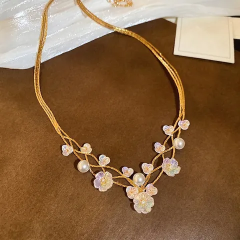 Collar Con Colgante De Flor De Resina E Imitación De Perlas Artificiales Aleación Multicapa Tono Dorado Joyería Elegante Para Mujer
