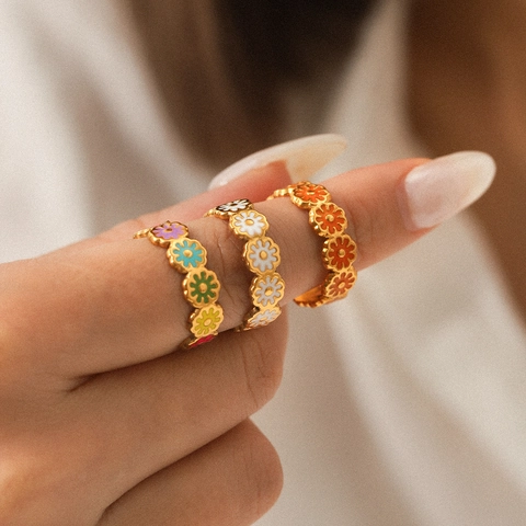 Small Daisy Flower Ring Stainless Steel Colorful Enamel Oil Drip Open Adjustable Band Fashion Jewelry For Women Gift