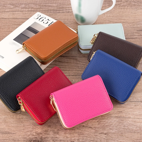 Card Holder PU Leather Litchi Pattern Accordion Style RFID Blocking Large Capacity Zipper Wallet Business Men Women