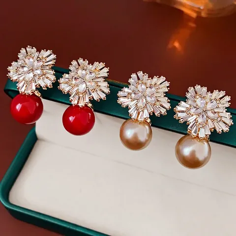 Orecchini Pendenti Fiore Perla Artificial Con Perno Argento Lega Zircone Strass Gioielli Vintage Eleganti Per Donna