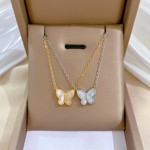 Collar Con Colgante De Mariposa De Acero Inoxidable De Titanio Con Incrustación De Concha Blanca Chapado En Oro Para Mujer