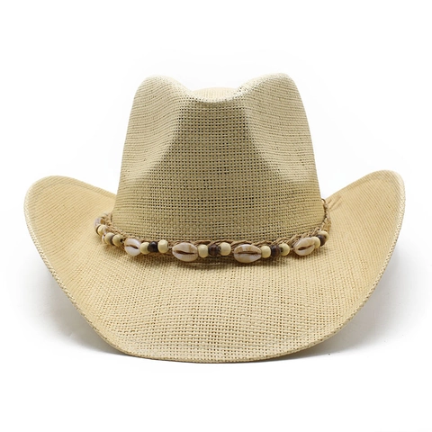 Sombrero De Vaquero De Paja Estilo Occidental Con Conchas Cuentas De Madera Bohemio Retro Verano Playa Protección Solar