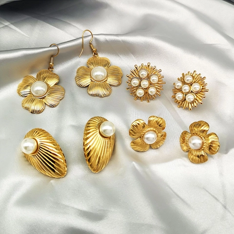 Vintage Stainless Steel Artificial Pearl Stud Earrings For Women 18K Gold Plated Twisted Braid Geometric Floral Bridal Jewelry