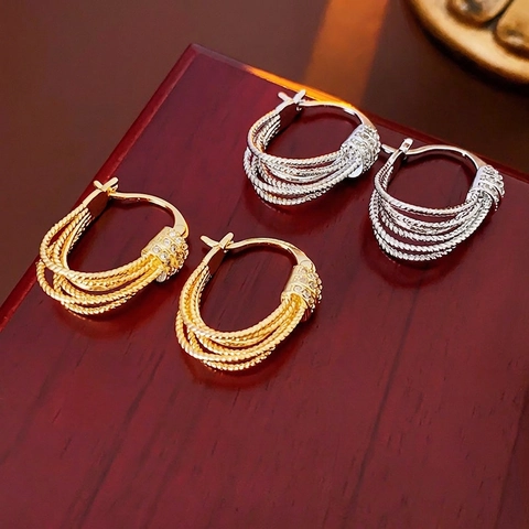 Meerlaagse Gedraaide Touw Hoops Koper 14K Verguld Zirkoon Ingelegd Met Stalen Oorsteker Sieraden Voor Vrouwen