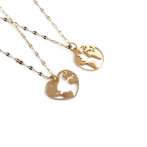 Collier Pendentif Carte Du Monde Acier Inoxydable Coeur Creux Rond Bijoux Géométriques Pour Femmes Ton Or