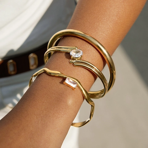 Stainless Steel Open Bangle Bracelet Gold Silver Plated Zircon Inlaid Geometric Hollow Out Rose Flower Waterproof Jewelry For Women