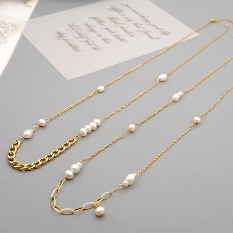 Collana Lunga A Catena Per Maglione Asimmetrica Vintage Con Acciaio Inossidabile Al Titanio E Süßwasserperle Barocche D'Acqua Dolce Da Donna