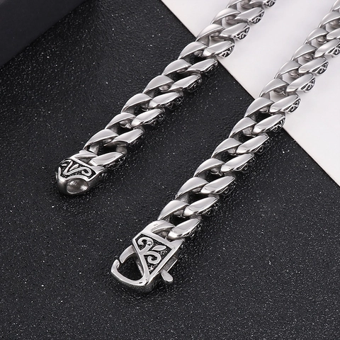 Men Cuban Link Necklace 316L Stainless Steel Engraved Scroll Pattern Punk Hip Hop Jewelry