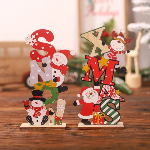 Weihnachts Tischdekoration Holz Bemalt SNOW XMAS Buchstaben Weihnachtsmann Schneemann Rentier Desktop Deko Festlich