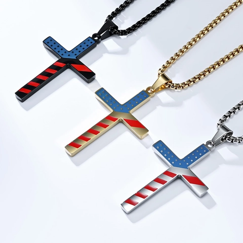 Stainless Steel Cross Pendant Necklace American Flag Design Hip Hop Men Jewelry