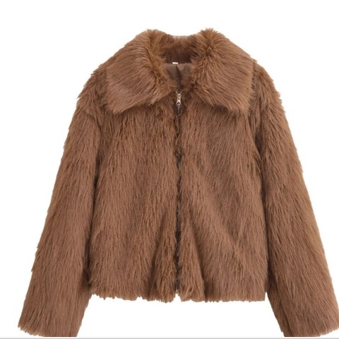 Women Faux Fur Jacket Plush Lapel Zip Up Long Sleeve Warm Winter Coat Elegant Solid Color Outerwear Fashion
