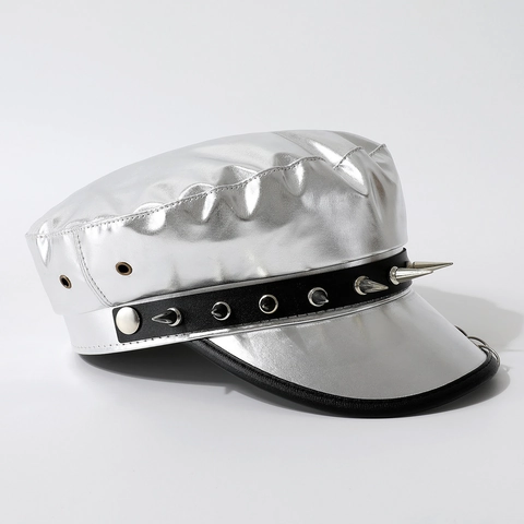 Gorra Militar De Cuero PU Plateado Sombrero Newsboy Punk Remaches Anillos De Metal Cyberpunk Gótico