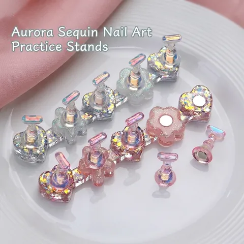 Magnetic Nail Art Practice Stand Resin Aurora Glitter Heart Flower Tip Holder Display Base DIY