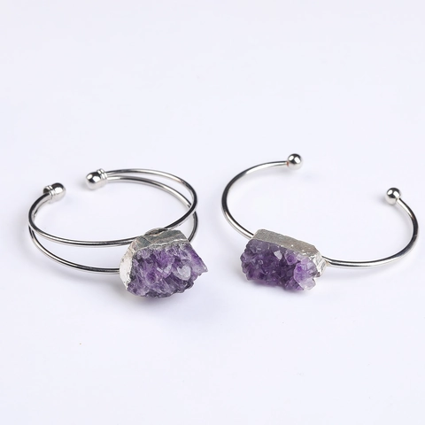 Brazalete Amatista Natural Piedra Bruta Ajustable Abierto Boho Cristal Gema Joyería Chapado Oro Plata