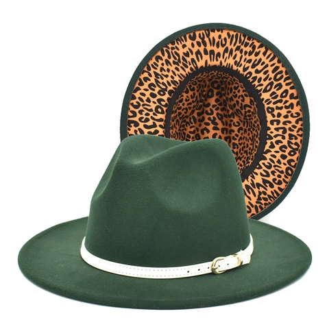 Cappello Fedora Feltro Di Lana Tesa Larga Stampa Leopardata Sotto Fibbia Cintura Stile Jazz Moda Unisex