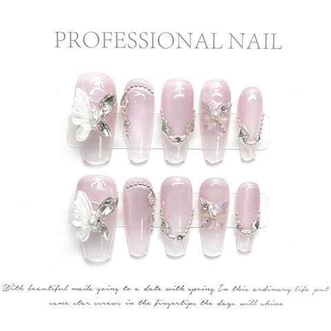 Handmade Press On Nails Pink Cat Eye Gradient Coffin Shape 3D Butterfly Artificial Pearl Rhinestone Reusable Elegant Artificial Tips