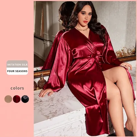 Plus Size Women Satin Robe V Neck Long Sleeve Belted Soft Imitation Satin Sleepwear Bathrobe Nightgown