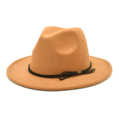 Wide Brim Fedora Hat Woolen Felt Jazz Cap Vintage Solid Color With Braided Belt And Metal Tip For Women Men