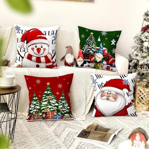 Christmas Pillowcases Polyester Linen Cushion Covers Cartoon Gnome Santa Snowman Print Holiday Home Decor Sofa Decorative