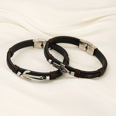 Bracciale In Pelle Vintage Da Uomo Con Ciondolo Croce Ancora In Acciaio Inossidabile Intrecciato Gioielli Nautici