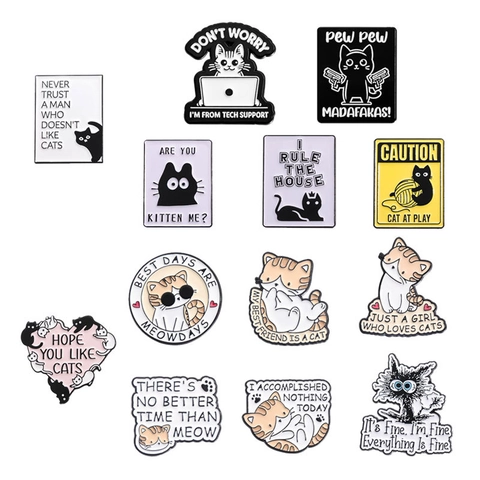 Pines De Esmalte De Gato Divertidos Aleación De Zinc Slogan De Dibujos Animados Insignias De Solapa Para Mochilas Chaquetas Regalo Para Amantes De Los Gatos