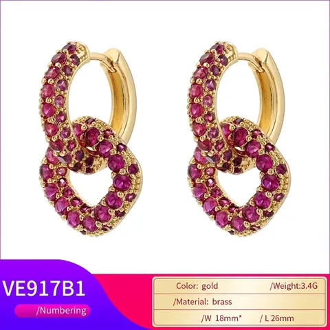 Orecchini A Cerchio A Doppio Cerchio Incastrati Rame Placcato Oro 18K Zirconia Cubica Colorata Gioielli Da Donna
