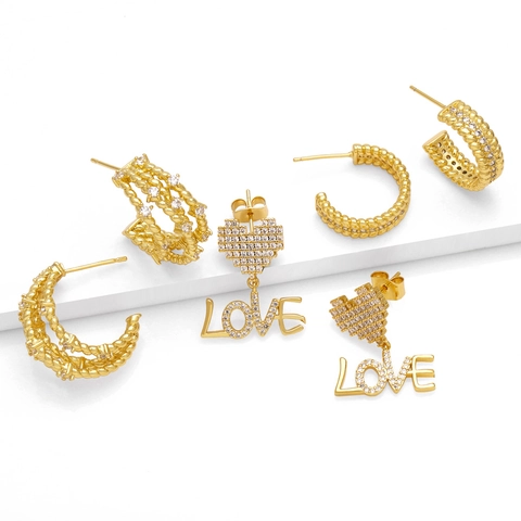 Fashion Earrings 18K Gold Plated Copper Zircon Heart LOVE Letter C Shaped Twisted Rope Geometric Jewelry For Women