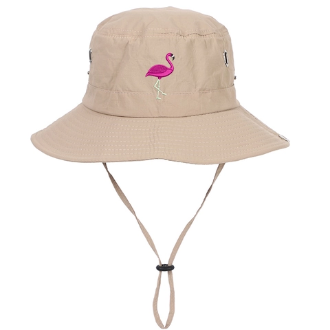 Flamingo Embroidery Bucket Hat Cotton Breathable Wide Brim Sun Protection Fisherman Hat With Adjustable Chin Strap