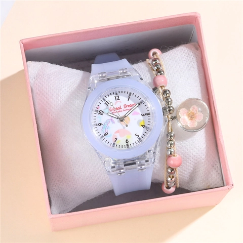 Kinder Quarz Uhr Und Perlenarmband LED Leuchtend Silikonarmband Kunststoffgehäuse Mode Student Geschenk Mädchen