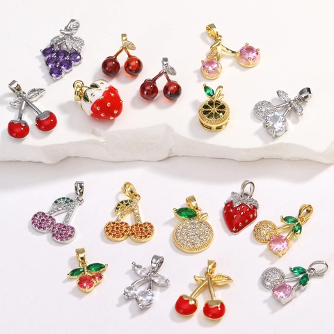 Collana Pendente Frutta Rame Zircone Colorato Ciliegia Fragola Uva Agrumi Gioielli Di Moda Per Donne