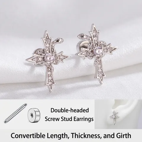 Kreuz Schlange Ohrringe Titan Stahl Zirkonia Schraubverschluss Stecker Personalisierter Punk Gothic Stil Schmuck