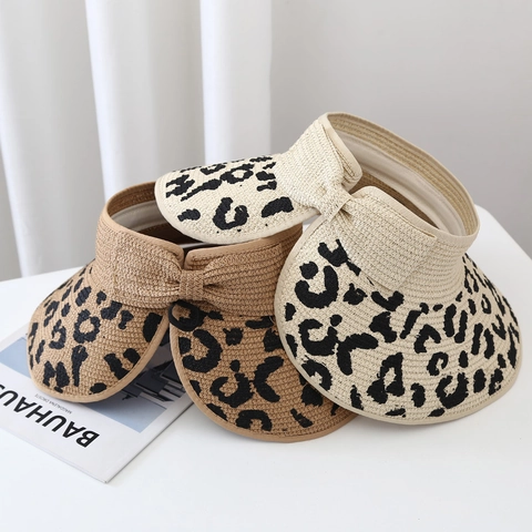 Women Visor Sun Hat Leopard Print Straw Paper Braided Foldable Bowknot Open Top Adjustable Summer Beach