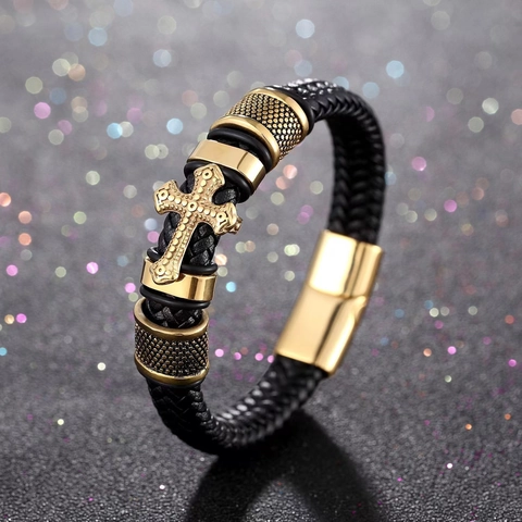 Vintage Woven Leather Alloy Cross Bracelet For Men Hip Hop Braided Jewelry With Metal Magnetic Clasp Retro Punk Wristband