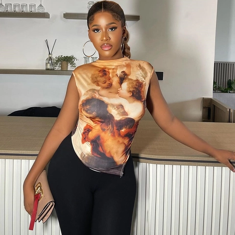 Top Senza Maniche Con Stampa Angelo Renaissance Vintage Slim Fit Arricciato Asimmetrico Y2K Da Donna