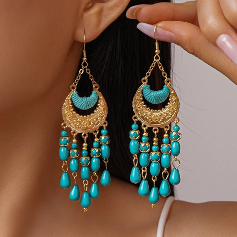 Bohemian Crescent Moon Drop Earrings Ethnic Alloy Acrylic Bead Tassel Vintage With Steel Earring Post For Women