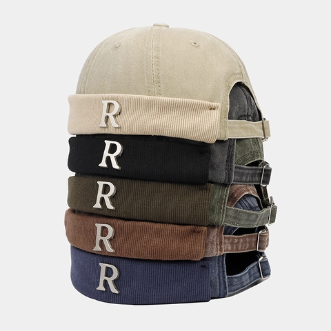 Retro Docker Mütze Randlose Kappe Gewaschene Baumwolle Metallbuchstabe R Verstellbare Streetwear Hip Hop Miki Hut