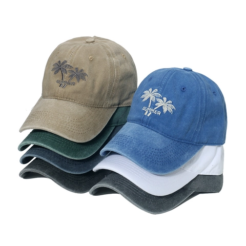 Cappello Da Baseball In Cotone Lavato Retrò Ricamo Albero Di Cocco Cappello Da Sole Regolabile Hip Hop Streetwear