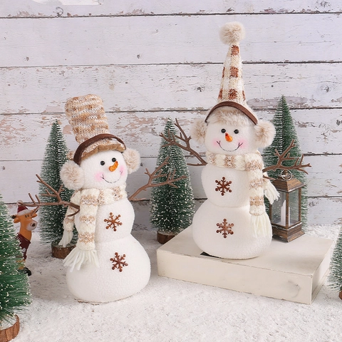 Christmas Snowman Doll Figurine Plush Desktop Decoration With Plaid Hat Scarf Earmuffs And Snowflake Embroidery For Home