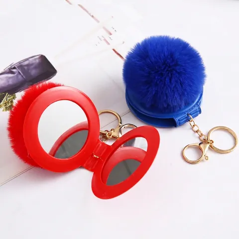 Miroir De Maquillage Double Face Pliable Porte-Clés Pompon En Fausse Fourrure Charme De Sac Portable Pendentif Gland Coeur Pour Femme