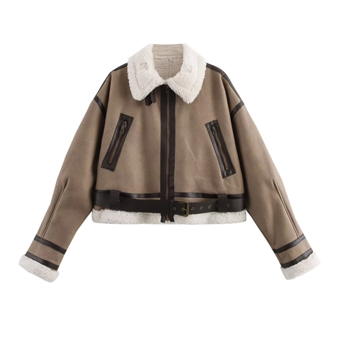 Dames Vintage Aviator Jas Suède Gevoerd Met Lamswol Kort Moto Mantel Warm Winter Outwear Met Riem Ritssluiting