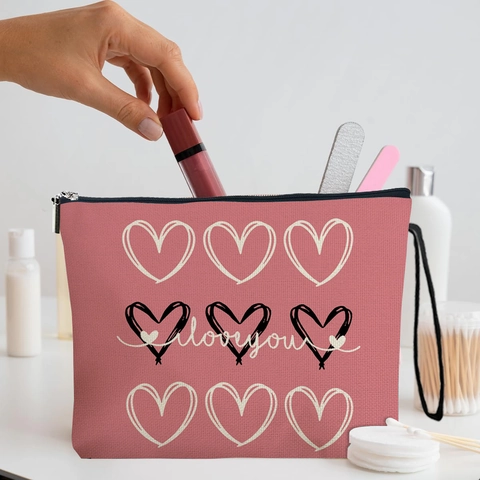 Borsa Per Trucco Con Stampa A Cuore Lino Fine Pochette Cosmetica Portatile Con Cerniera E Cinturino Da Polso Per Viaggi